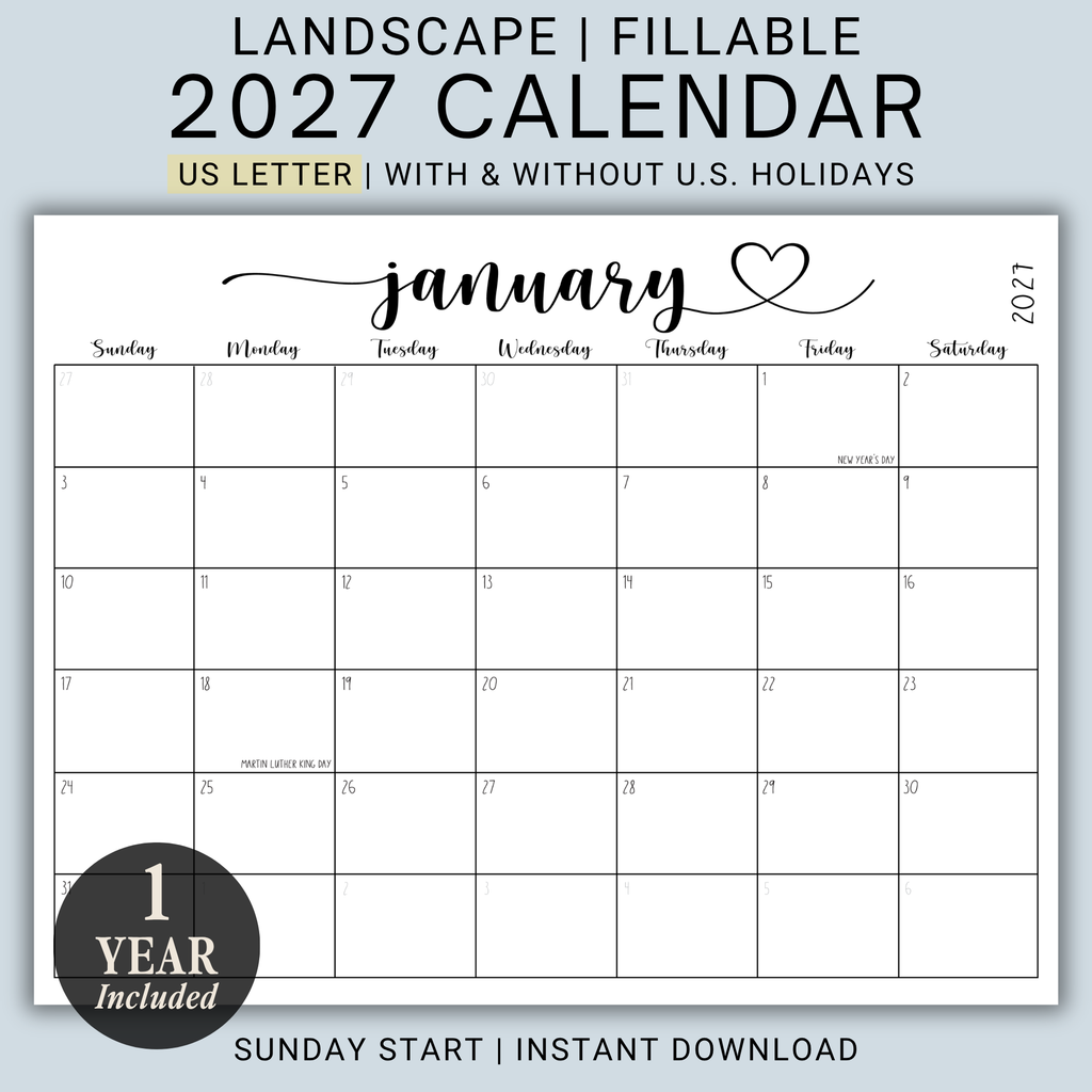 2027 Fillable Landscape Calendar | Sweet Script + Heart | Black | Sunday Start