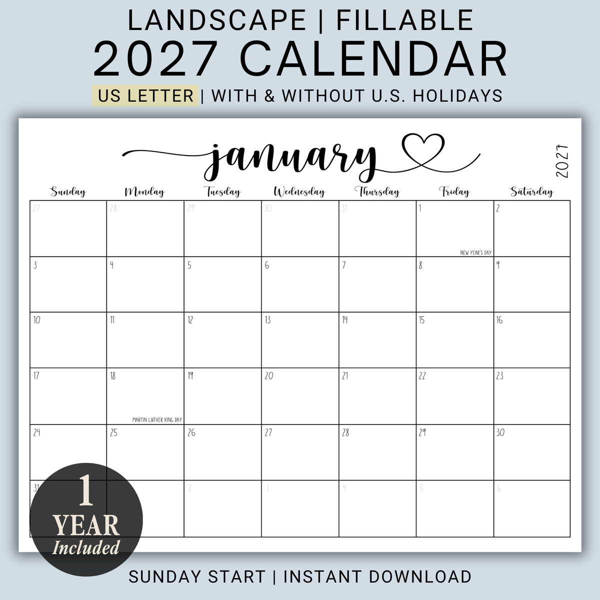 2027 Fillable Landscape Calendar | Sweet Script + Heart | Black | Sunday Start
