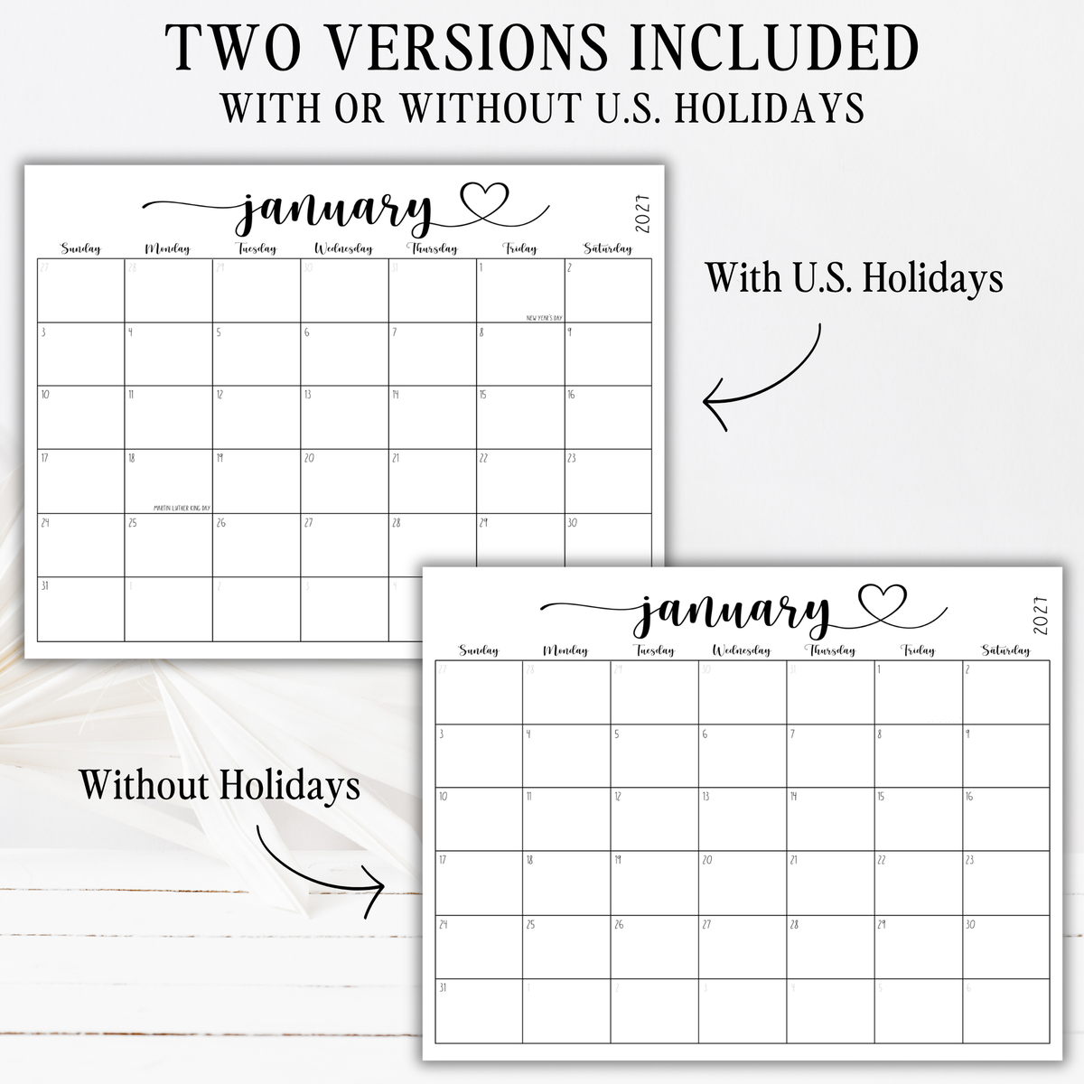 2027 Fillable Landscape Calendar | Sweet Script + Heart | Black | Sunday Start