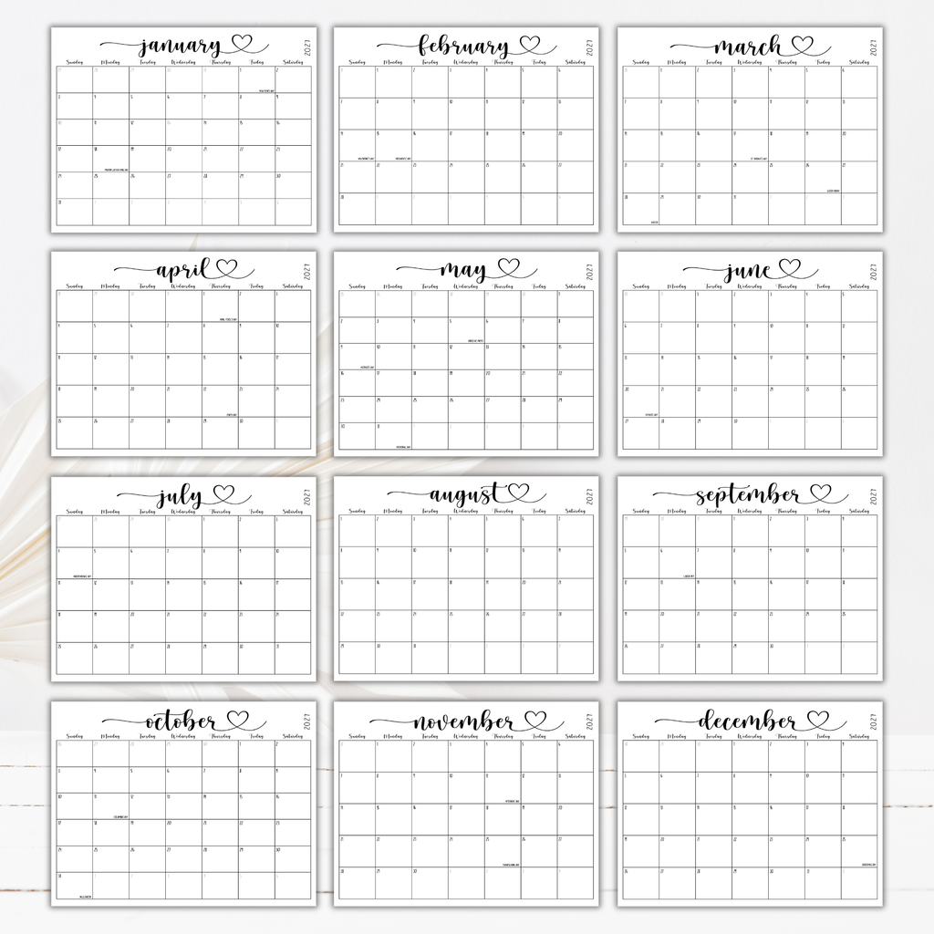 2027 Fillable Landscape Calendar | Sweet Script + Heart | Black | Sunday Start