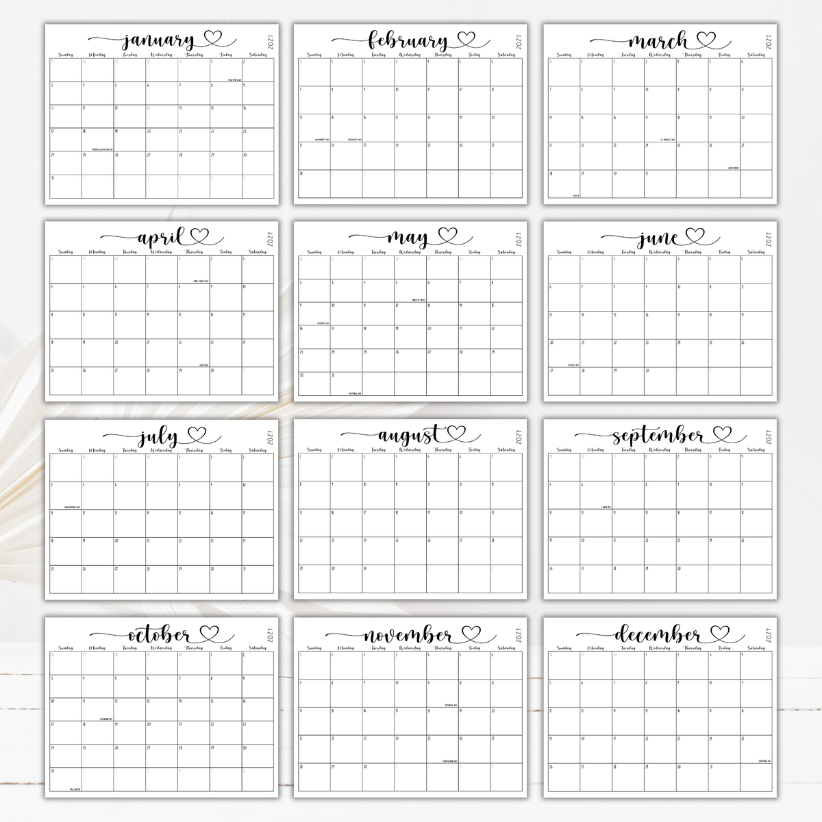 2027 Fillable Landscape Calendar | Sweet Script + Heart | Black | Sunday Start