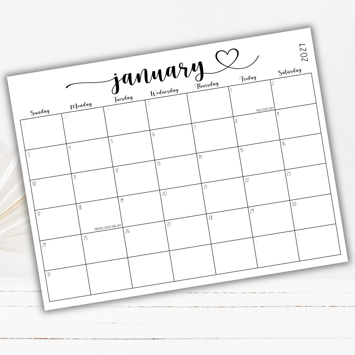 2027 Fillable Landscape Calendar | Sweet Script + Heart | Black | Sunday Start