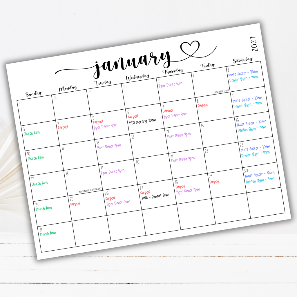 2027 Fillable Landscape Calendar | Sweet Script + Heart | Black | Sunday Start