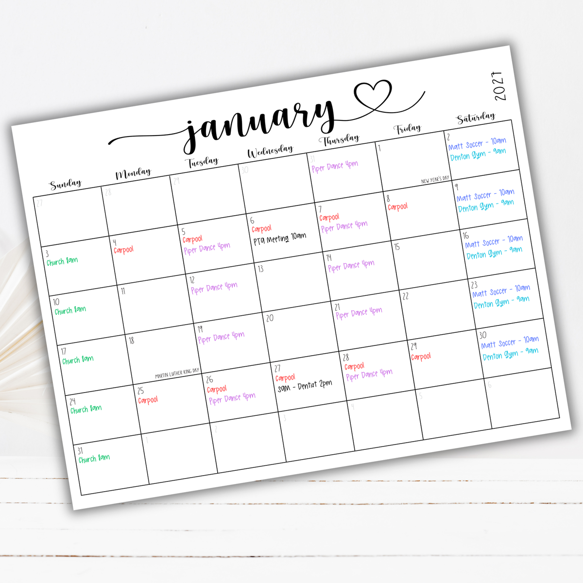 2027 Fillable Landscape Calendar | Sweet Script + Heart | Black | Sunday Start