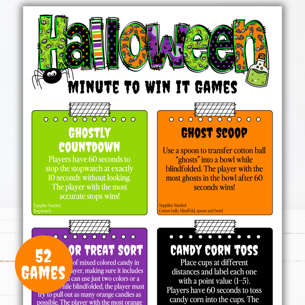 Halloween Minute to Win It Games | 52 Printable Party Games