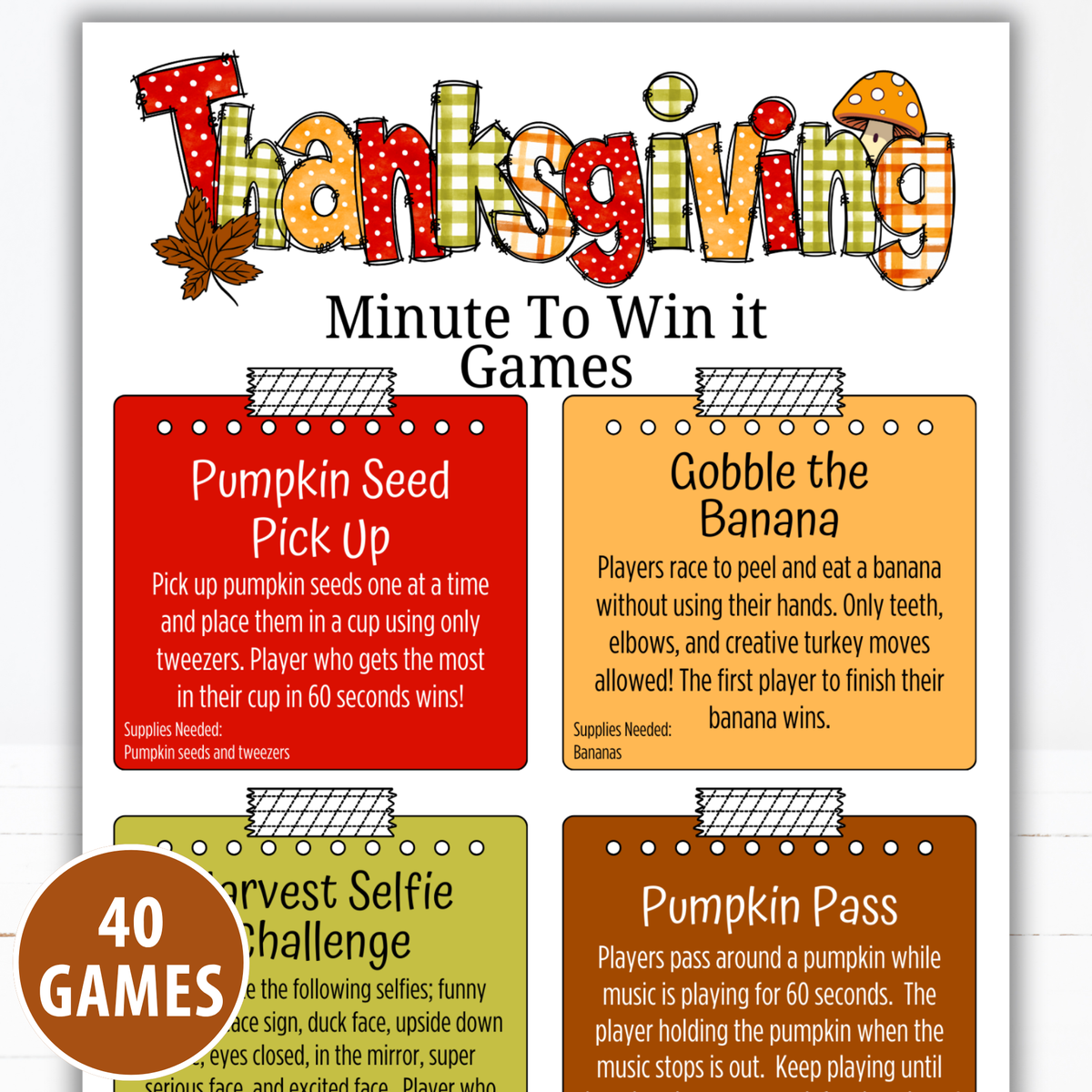 Thanksgiving Minute to Win It Games | 40 Printable Party Games