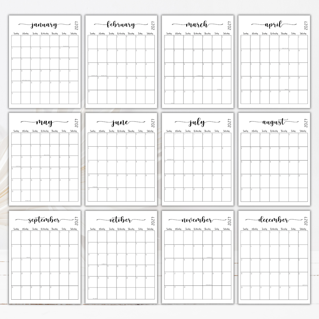 2027 Fillable Portrait Calendar | Sweet Script | Black | Sunday Start