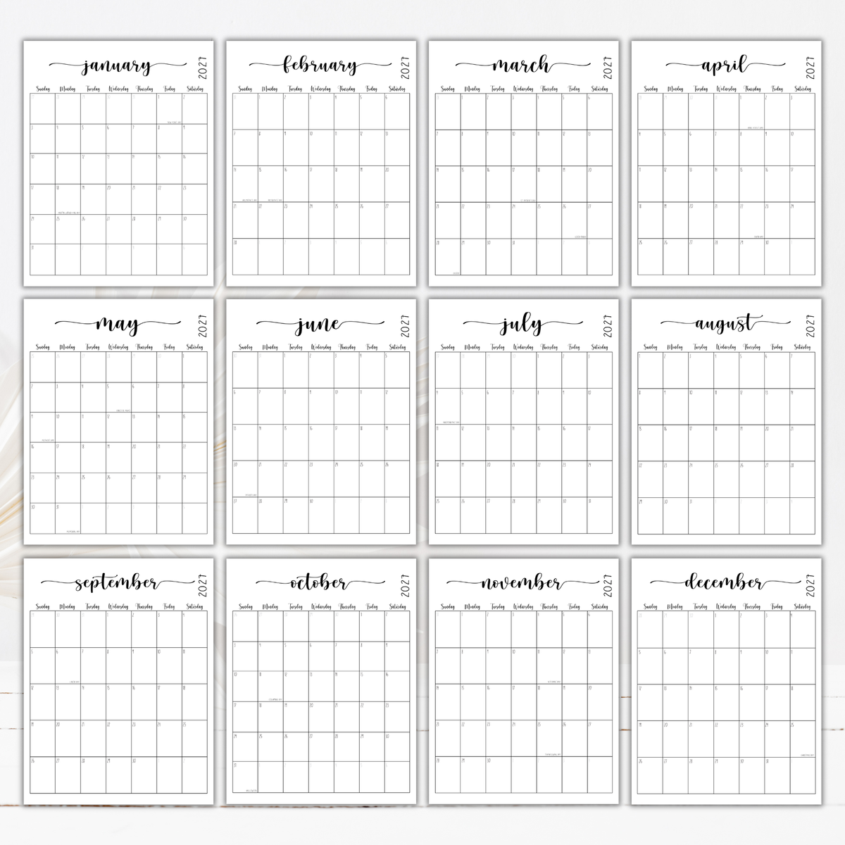 2027 Fillable Portrait Calendar | Sweet Script | Black | Sunday Start