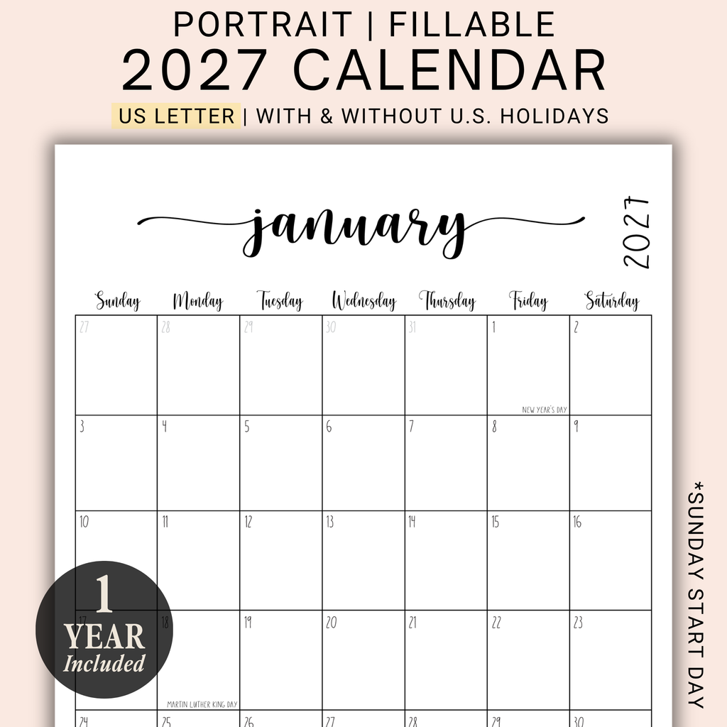 2027 Fillable Portrait Calendar | Sweet Script | Black | Sunday Start