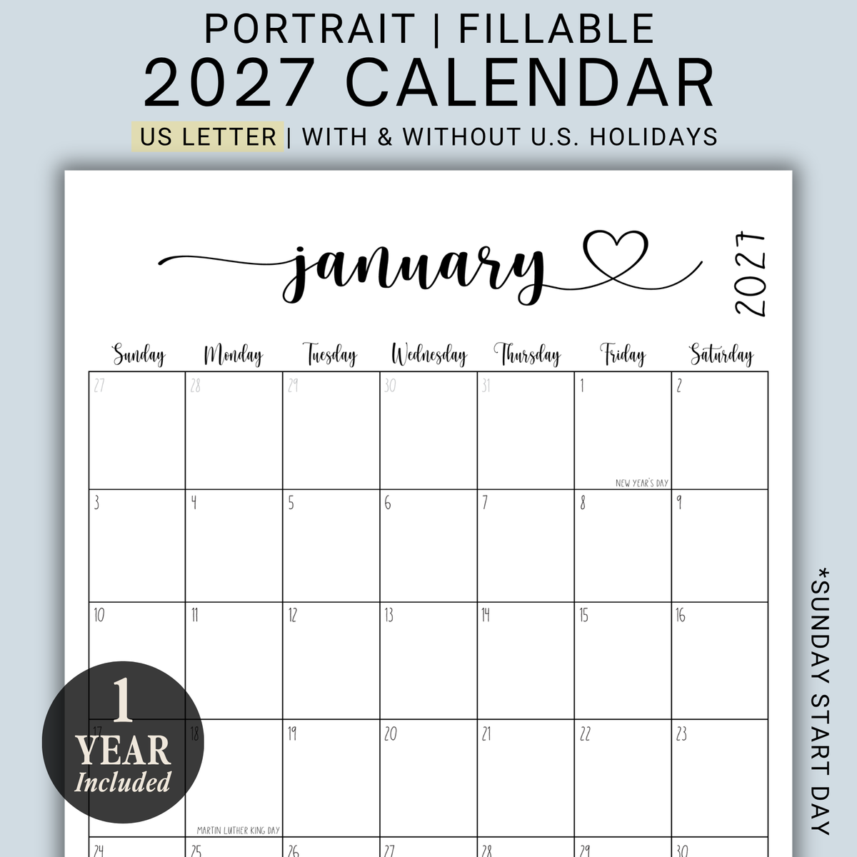 2027 Fillable Portrait Calendar | Sweet Script + Heart | Black | Sunday Start