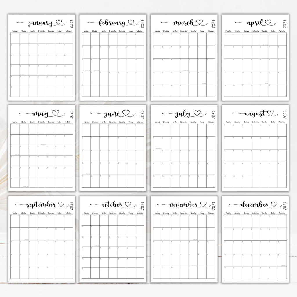 2027 Fillable Portrait Calendar | Sweet Script + Heart | Black | Sunday Start