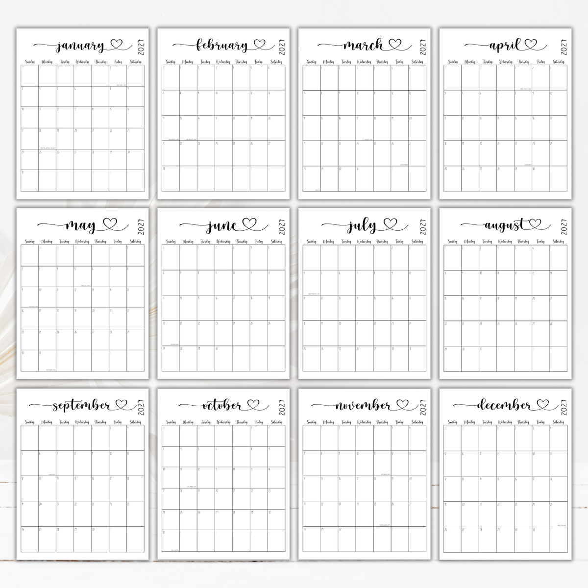 2027 Fillable Portrait Calendar | Sweet Script + Heart | Black | Sunday Start