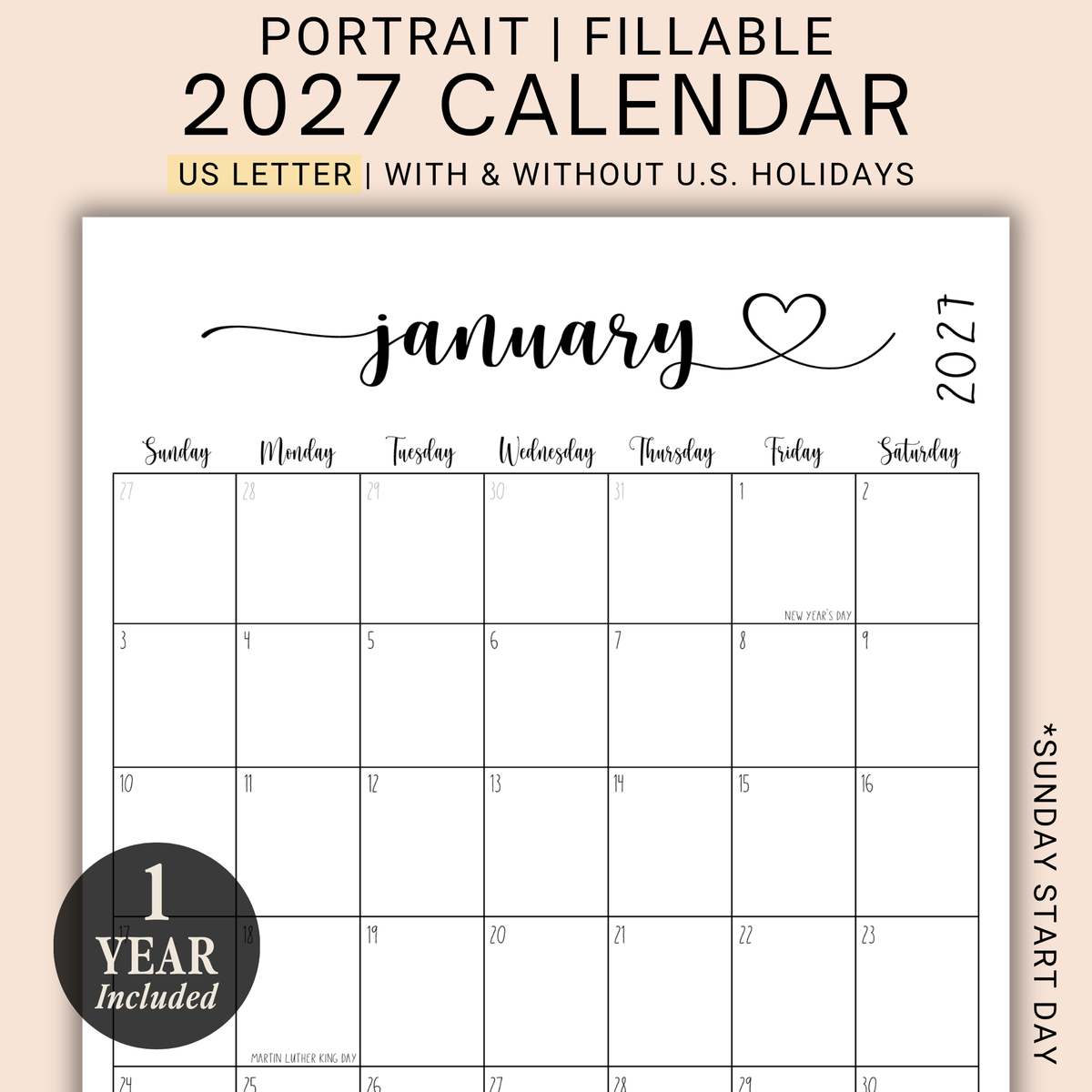 2027 Fillable Portrait Calendar | Sweet Script + Heart | Black | Sunday Start