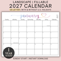 2027 Fillable Landscape Calendar | Sweet Script + Heart | Watercolor | Sunday Start