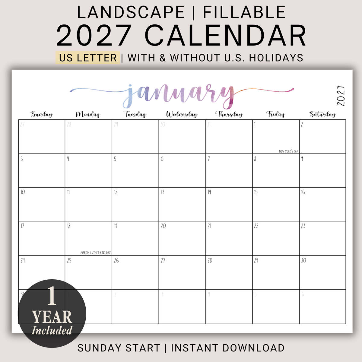 2027 Fillable Landscape Calendar | Sweet Script | Watercolor | Sunday Start