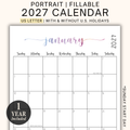 2027 Fillable Portrait Calendar | Sweet Script | Watercolor | Sunday Start