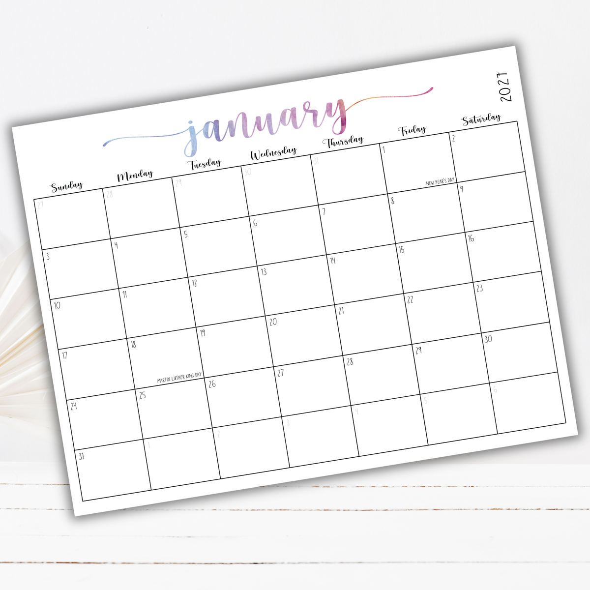 2027 Fillable Landscape Calendar | Sweet Script | Watercolor | Sunday Start