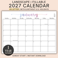 2027 Fillable Landscape Calendar | Sweet Script | Watercolor | Sunday Start