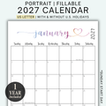 2027 Fillable Portrait Calendar | Sweet Script + Heart | Watercolor | Sunday Start